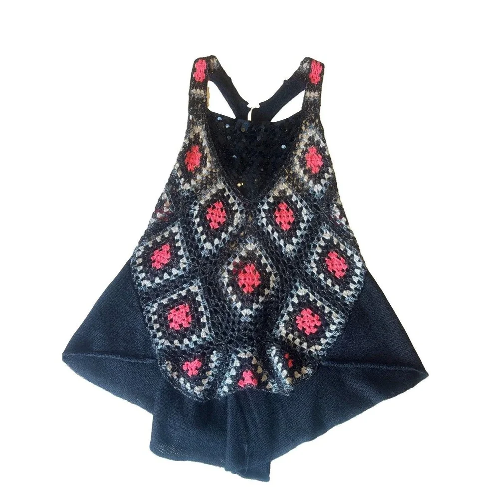 Free People Granny Square Crochet/Sequin Boho Tank Top Black/White/Pink Size S